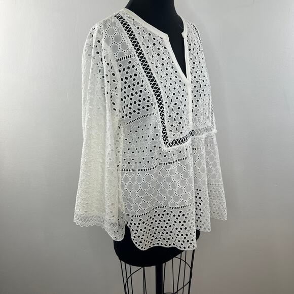 HALE BOB Eyelet Blouse Top White Cotton Split Neckline Long Sleeves Size L Large - Picture 4 of 10